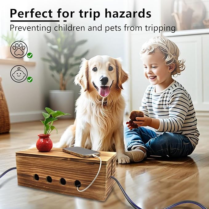 Large Cable Management Box, Wood Cord Hider Box & Organizer for Power Strip Hider Cable Storage for Office, TV Wires, Desk Cord Organizer, 14" x 5.9" x 5.1", Vintage Walnut (Vintage Walnut-lid)