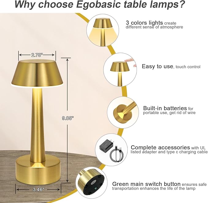 Egobasic Cordless Small Table Lamp, Gold Battery Operated Lamp for Restaurant Dinner Table, Rechargeable Dimmable Night Light Touch Portable Lamp for Bedside Dining Room Patio Bar Outdoor Décor