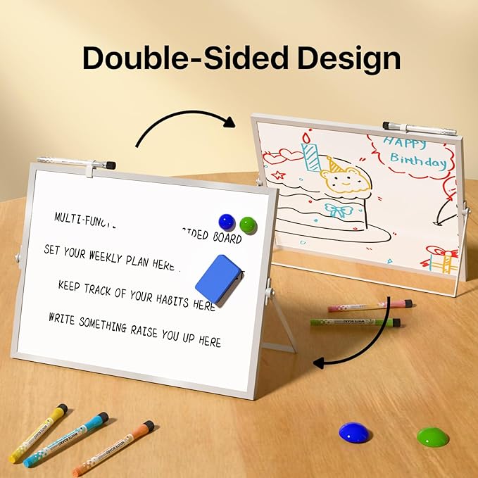 Dry Erase White Board with Stand,Double-Sided Whiteboard 12"x16", 10 Markers,6 Magnets, 1 Eraser,Portable Desktop Whiteboard for Planning,Colorful Weekly Schedule Board for School for Home
