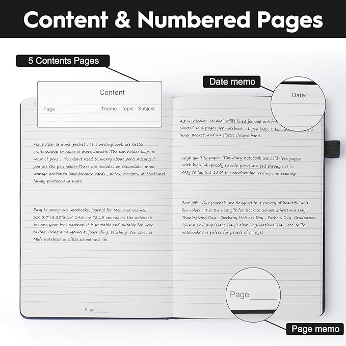 A5 Lined Journal Notebooks for Work, 192 Pages, Medium 5.7 x 8.3inch, College Ruled, Vegan Leather Hardcover Journals for Women Men,8 Pack