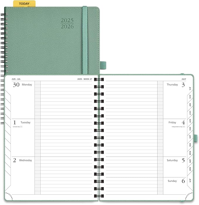 POPRUN Planner 2025-2026, Horizontal Weekly Notebook Jul.25-Jun.26 (Medium 6.75''x 8.75''), Academic Calendar Book with Monthly Tabs, Spiral Soft Cover, Inner Pocket, 100 GSM - Midnight Green