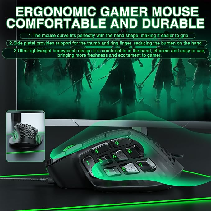SOLAKAKA SM809 Wired MMO Gaming Mouse, with 9 Side Buttons RGB Mouse, 24000 DPI High-Precision Optical Sensor, Ergonomic Mice, 16 Programmable Macro Shortcuts/Remapping PC Gaming Mouse for FPS Games