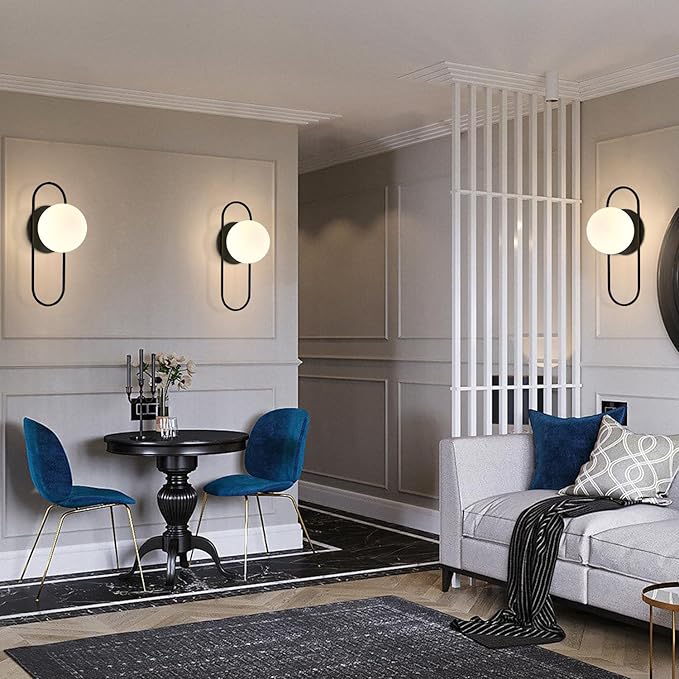 Black Glass Globe Wall Sconce Set of Two Frosted Globe Wall Light Mid Century Modern Wall Sconce Oval Wall Lamp for Bedroom Bedside Bathroom