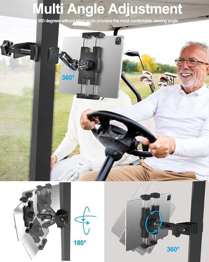woleyi Golf Cart Tablet Holder Mount, 360° Adjustable, Metal Wider Clamp Arm for ZGO/Club Car/Yamaha/Other Golf Carts, for 4.7-13" Device Like iPad Pro, Air, Mini, iPhone, Galaxy Tabs, Z Fold, Fire HD