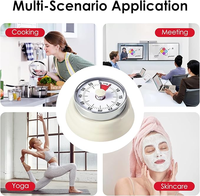 Visual Timer, Teeloray 60-Minute Countdown Timer, Kitchen Timer with Magnetic Base, Mechanical Clockwork, Ringer Alert, Time Management Tool for Children and Adults, Study/Work/Cooking (White)
