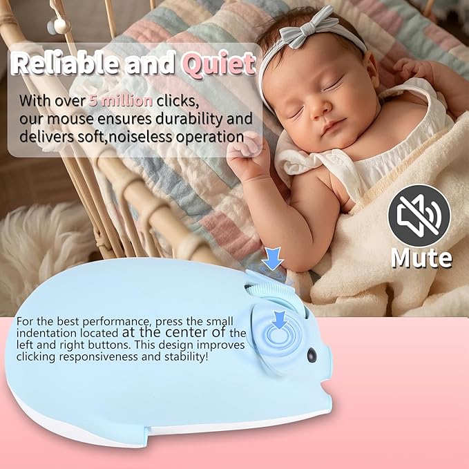 Cute Pig Design Wireless Mouse - Dual Mode Bluetooth & USB, Silent Operation, Ergonomic, Ideal for Laptops & PCs, for Animal Lovers and Family (Blue)