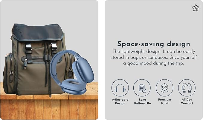 TJ Active Noise Cancelling Bluetooth Over Ear Headphones | Supersoft Leather Wireless Headset Wired Built-in MIC 24H Playtime High Res Audio Travel/Work/School/Students/Running/Gym (Blue)