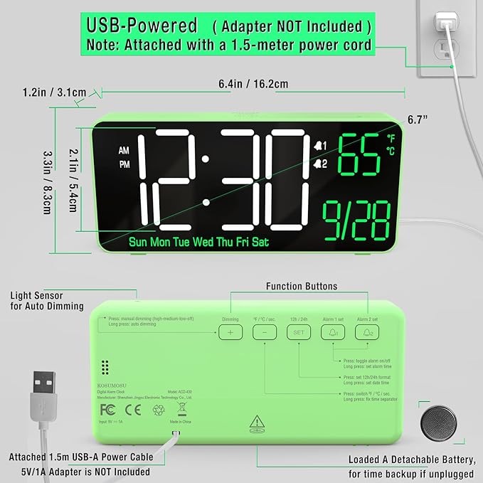 KOSUMOSU Digital Clock for Bedroom, 6.7in Desk Clock, Auto Dimming, Room Temperature, Day of The Week, Date, Seconds, Clocks for Living Room, Alarm Clocks for Bedrooms