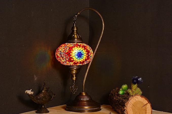 mozaist Mosaic Tiffany Style Swan Neck Table Lamp, Turkish Colorful Handmade Vintage Bedside Corner Decorative Lighting, Gooseneck Farmhouse Nightstand with E12 Socket & US Plug (Fire Ball)