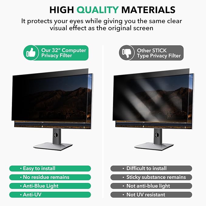 2 Pack 32 inch Computer Privacy Screen Filter for 16:9 Aspect Ratio Widescreen Monitor,32in Curved Computer Monitor Privacy Shield Anti Glare Blue Light Eye Protection, Anti-Scratch Removable Protector Film