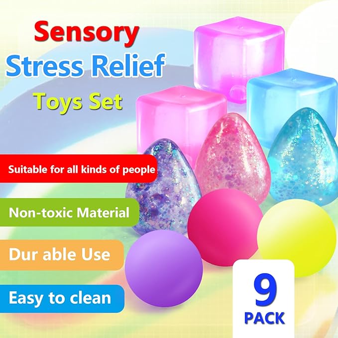 Fidget Toy Stress Cube Squishy Fidget Toys for Relaxation, High Density Gel Filled Include Squishy(3 Stress Cube ,3 Stress Balls,3 Water Drop) Stress Relief Toy,Squeeze Toys, Party Favors