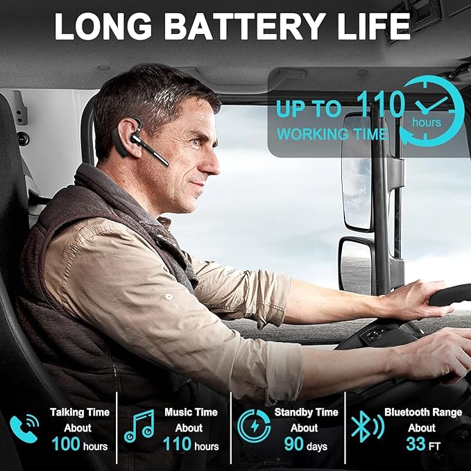 Bluetooth Headset V5.1,Wireless Bluetooth Earpiece with CVC8.0 Dual Mic Noise Cancelling,500mAh Battery for 110H Work Time,Handsfree Earphones for Cell Phones/PC for Business Office/Driving