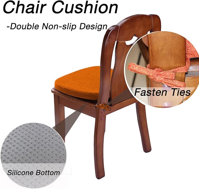 Seat Cushion with Ties for Kitchen Chairs - Memory Foam Non Slip Dining Room Chair Pad with Machine Washable Cover [16.5 x 16.2 Inches] - Orange