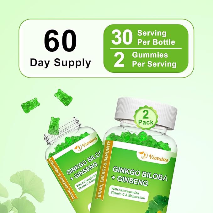 Ginkgo Biloba Gummies with Ginseng and Magnesium, Ginko Biloba Supplements Gummies for Brain Focus, Mood and Memory for Adults, 120 Cts
