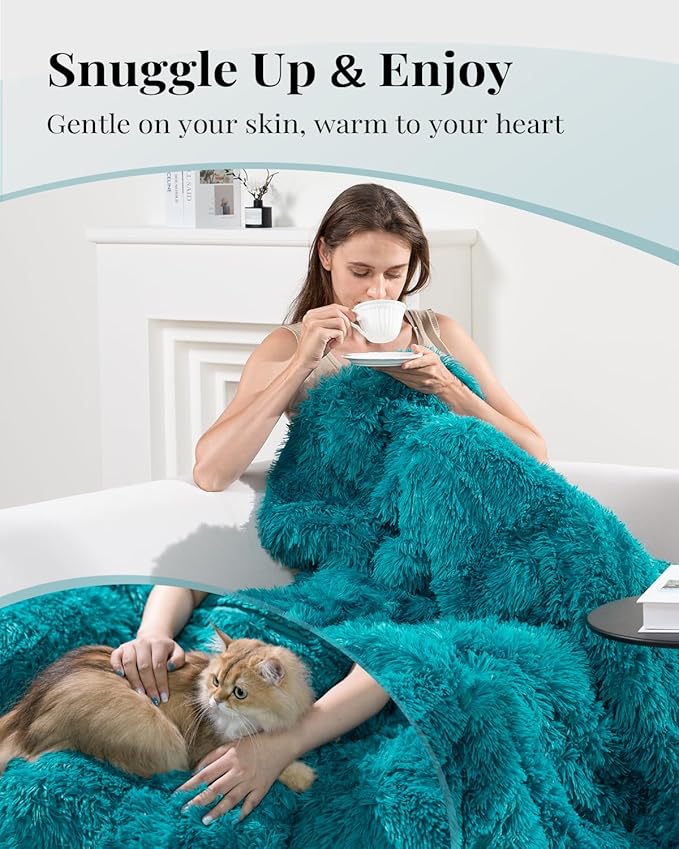 Topblan Fuzzy Sherpa Faux Fur Weighted Blanket 15lbs, Ultra Soft Reversible Plush Blanket with Luxury Long Fur and Shaggy Sherpa, Thick Heavy Blanket for Sleeping 60x80 inches Teal Green