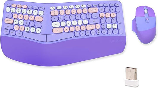 Wireless Ergonomic Keyboard and Mouse Combo with PU Wrist Rest, Carpal Tunnel Keyboard, 2.4G Colorful Split Ergo Keyboard, Comfortable Natural Typing, Compatible with PC/Laptop (Purple)