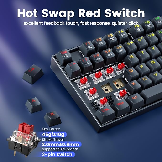 Redragon Wireless Gaming Keyboard, BT/2.4Ghz Tri-Mode Mechanical Keyboard with Aluminum Pannel, Hot-Swap Red Switch, Programmable 87 Keys TKL, LED Rainbow Backlit - K552-KRS