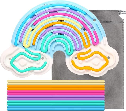 Fidget Toys Sensory Activity Board, Silicone Sensory Toys for Stress Anxiety Autistic ADHD Calming, Kids 3+ & Adults, Travel Bag & 12 Strings, Rainbow (Blue)