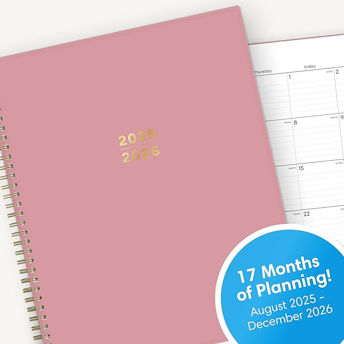 Blue Sky 17 Month 2025-2026 Weekly and Monthly Academic Year Planner Calendar, August 2025 - December 2026, 8.5" x 11", Flexible Cover, Wirebound, Laminated Tabs, Dusty Rose