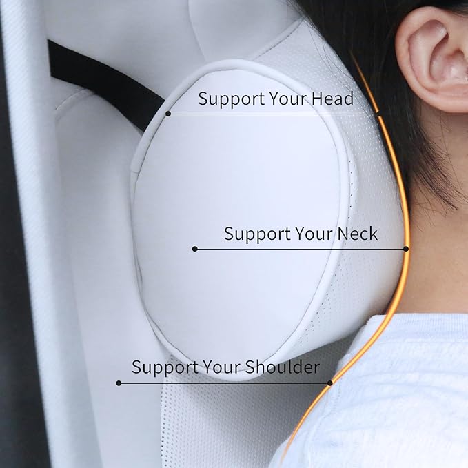 Car Headrest Pillow for Driving - Luxury Leather 100% Memory Foam, Ergonomic Neck Support - Universal Fit Head Rest Travel Pillow for Most Cars, Home & Office, White, 1 Pack