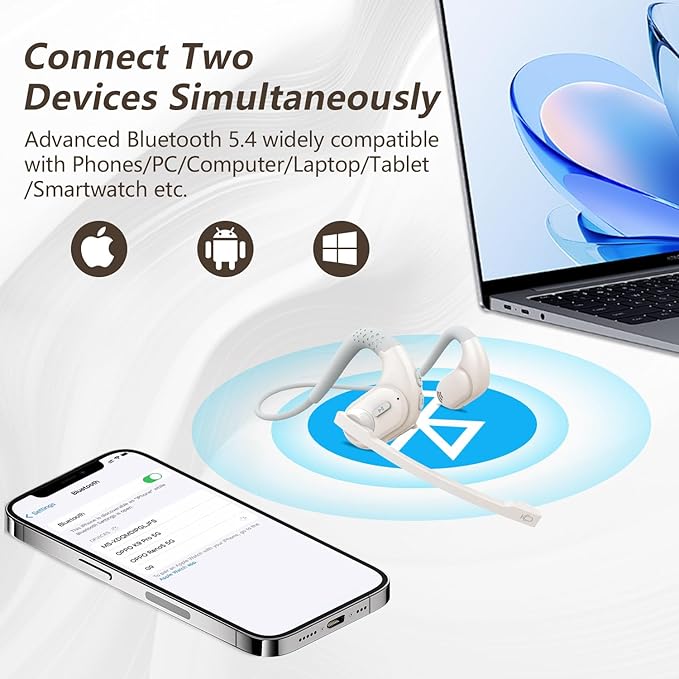 BANIGIPA Bluetooth Headset with Removable Microphone, Wireless Headset w/DSP Noise Cancelling for Phones Laptop Computer PC, Open Ear Headphones for Working Driving Running Cycling Driving -12 Hrs