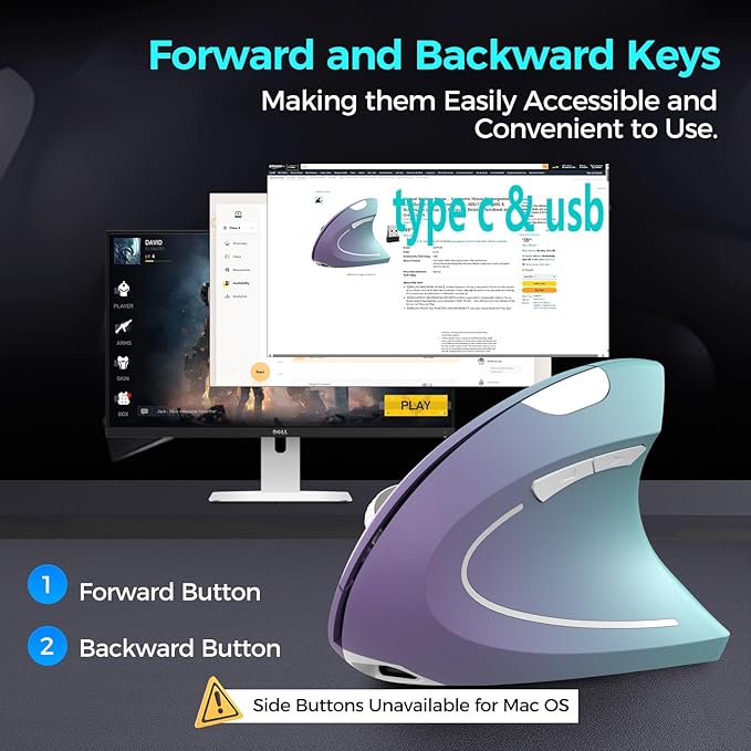 Vassink Ergonomic Wireless Rechargeable Mouse, USB A+Type C(2in 1) Connection, 800/1200/1600 DPI, 6 Buttons, 2.4GHz Carpal Tunnel Vertical Mice, for Laptop, Desktop,MacBook Purple Gradient Green