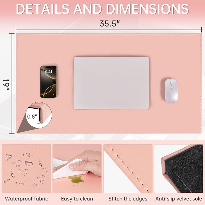 AKOZLIN 35.4"x 18.9" Soft PU Leather Surface Office Desk Mouse Mat Anti-Push Pad with Full Grip Fixation Lip Table Blotter Edge-Locked Protector Pink