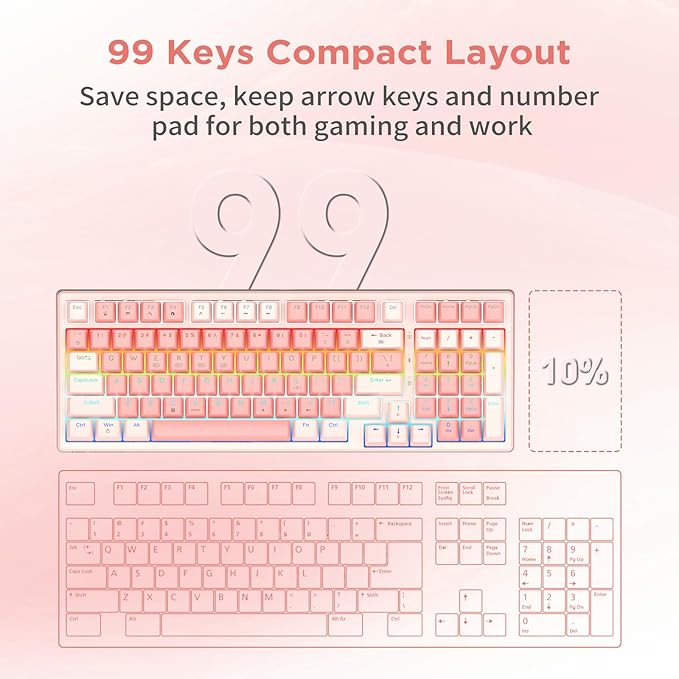 HUO JI 96% Wireless Mechanical Keyboard, Hot Swappable, Pre-lubed Blue Switches, Gasket Structure, Bluetooth/2.4GHz/USB-C, Led Backlit Sidelit, Custom Gaming Keyboard for PC (Pink)