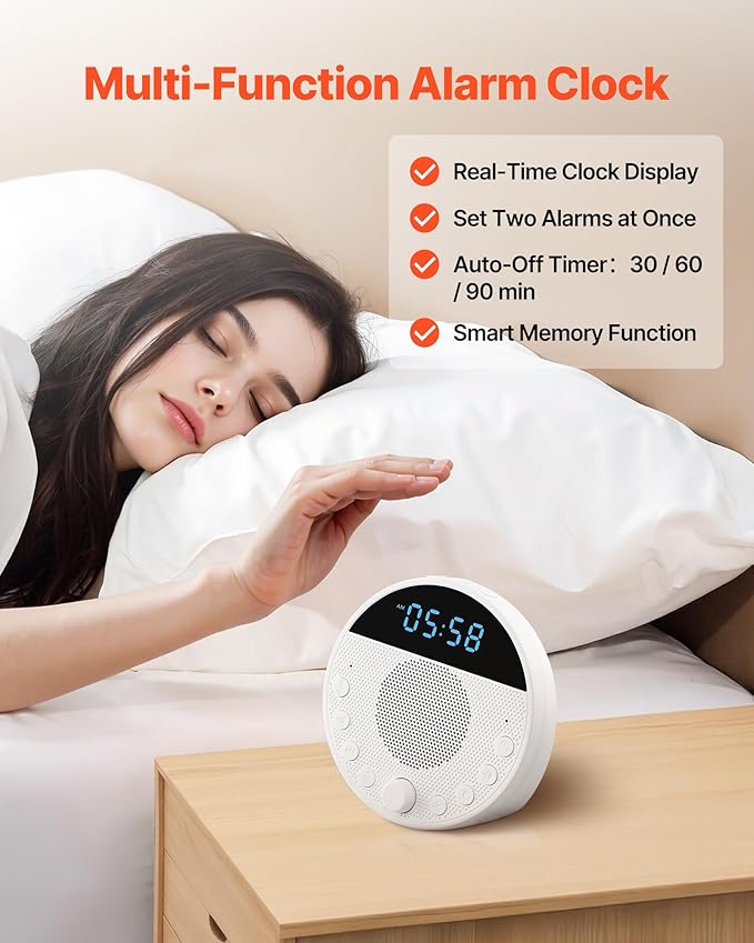 VEVOR Sound Machine, 18 Soothing Sleep Sounds, 7-Color Night Light, 6-in-1 White Noise Sound Machine with Dual Alarms, APP, Auto-Off Timer and Memory Function, for Baby, Adults, Home, Office & Travel