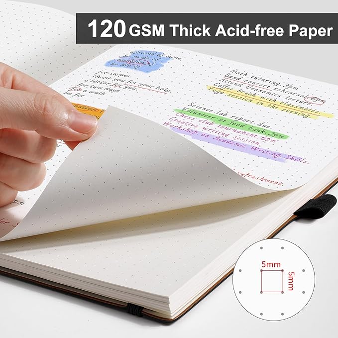 AHGXG Bullet Dotted Journal - Dot Grid Notebook Journal, 120 GSM Thick Acid-Free Paper, Large B5 Dotted Notebook 96 Pages, Leather Softcover, Inner Pocket, Journal Stencil, 7.6'' X 10'' - Black