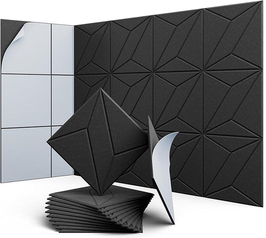 12 Pack 12" X 12" X 0.4" Acoustic Panels for Wall Sound Absorbing, P-Stripes Square Self-Adhesive Sound Panels, High Density Suitable for Multiple Scenarios(Black)