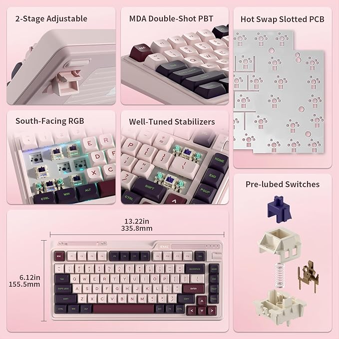 K75 Lite Wireless Mechanical Keyboard, 75% Gasket Mount RGB Gaming Keyboard w/ 3-Mode Knob BT 5.0/2.4G/USB-C Wired, Hot Swappable, 5-Layer Padding & Creamy Linear Switches, Compact 82 Keys