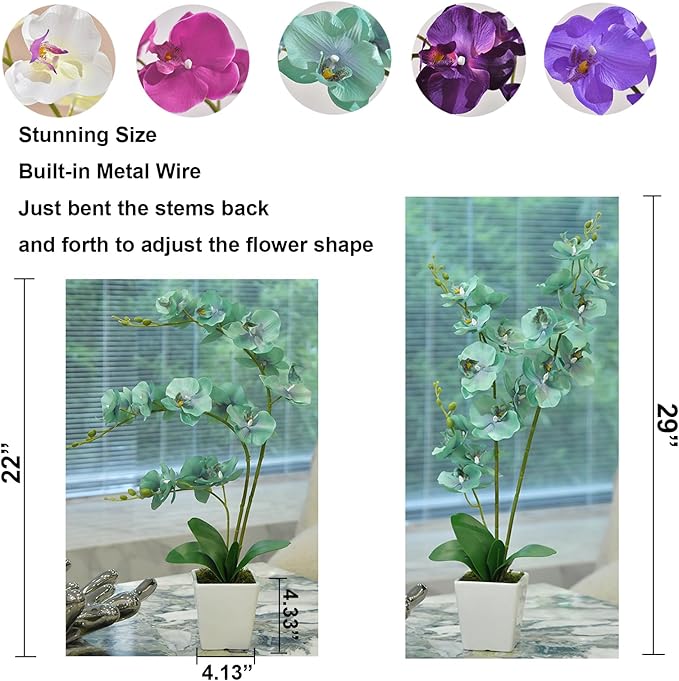 Faux Orchid in Vase Large Artificial Orchid in Ceramic Vase Teal Silk Orchids with Stems Real Look Potted Fake Flowers Arrangement Centerpiece Table Decorations for Home Decor Indoor, Golden Blue