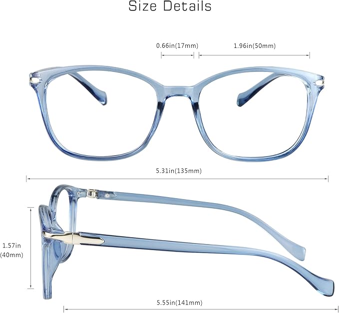 VisionGlobal Blue Light Blocking Glasses for Women/Men, Anti Eyestrain, Computer Reading, TV Glasses, Stylish Square Frame, Anti Glare(Clear Blue,+2.75 Magnification)