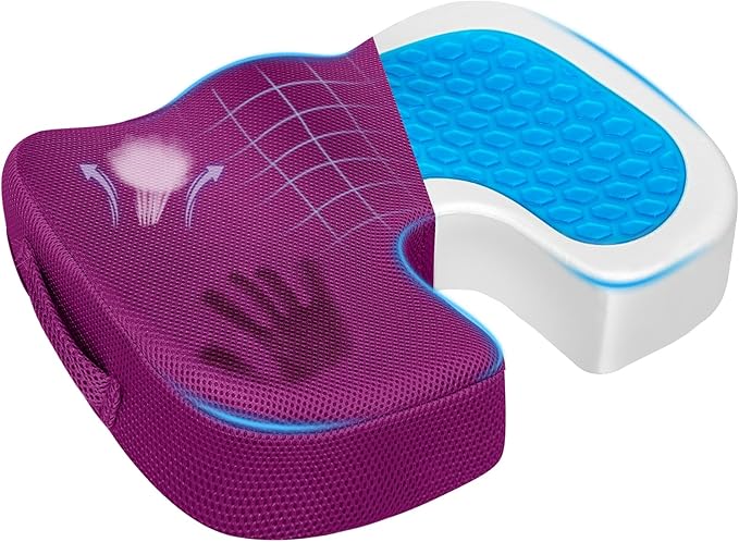 Gel Seat Cushion for Car Office - Memory Foam Pain Relief Chair Pillow Cushions - Tailbone Sciatica Coccyx Butt Lumbar Support Pad for Sitting Driving Traveling, Mesh, Purple