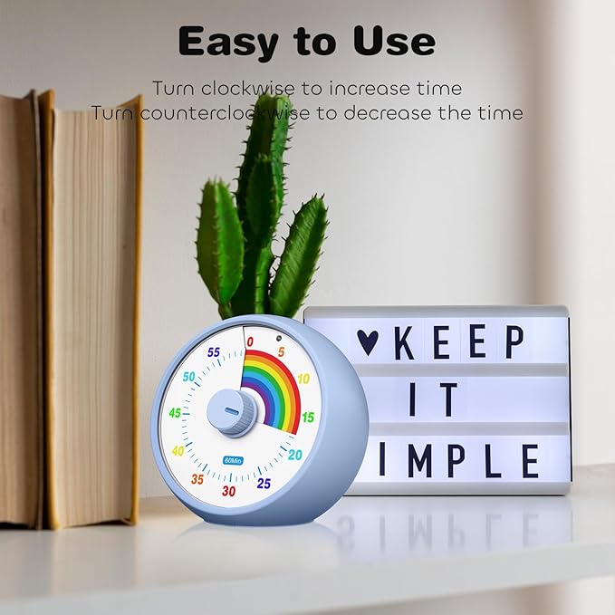 Visual Timer for Kids, 60-Minute Countdown Timer for Classroom Office Kitchen, Desk Timer Kids Time Management Tools with Silent Operation, Pomodoro Time Rainbow Pattern (Aquamarine)