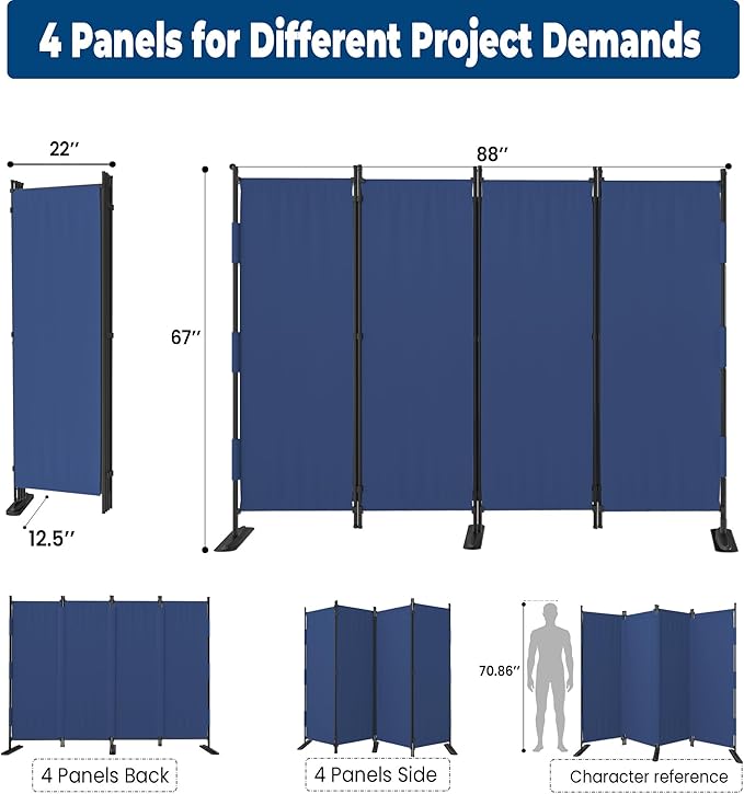 Room Divider, 4 Panel Upgraded Folding Privacy Screen, 88” Highly Secretive Separation with 3 Metal Feet, Partition Screen, Lightweight Freestanding Wall Divider Bedroom (Blue)