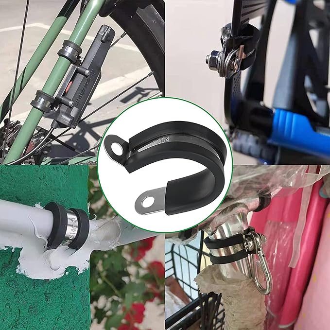 10pcs 1-3/4 Inch Stainless Steel & Rubber Coated Cushioned Insulated Cable Clamps, Automotive Pipe & Wire Clamps, Black