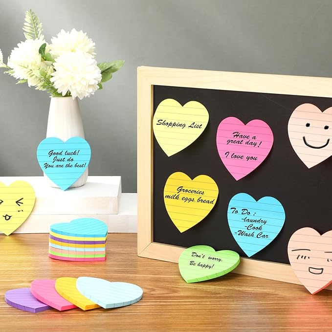 Teling 24 Pcs Heart Shape Lined Sticky Notes Cute Sticky Notes Bright Colorful Sticking Power Memo Pads Red Heart Self Notepads for Office School 3x3 Inch(Bright Colors)