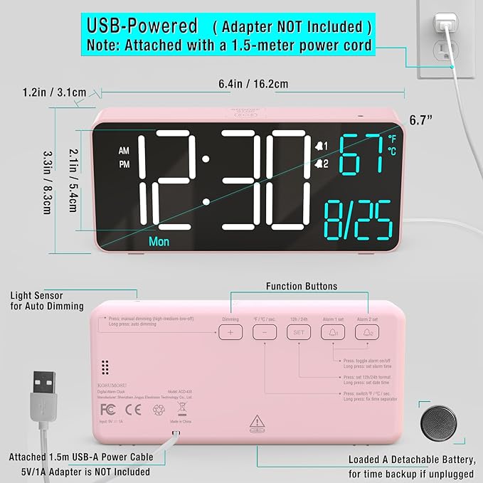 KOSUMOSU Alarm Clocks for Bedrooms, 6.7in Small Digital Clock, Auto Dimming, Room Temperature, Day of The Week, Date, Seconds, Digital Clocks for Living Room, Alarm Clock