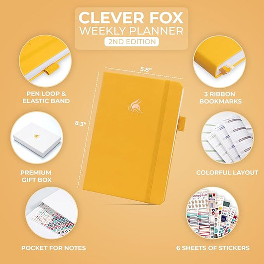 Clever Fox Planner 2nd Edition – Colorful Weekly & Monthly Goal Planner, Time Management & Productivity Organizer, Undated, A5 (Amber Yellow)