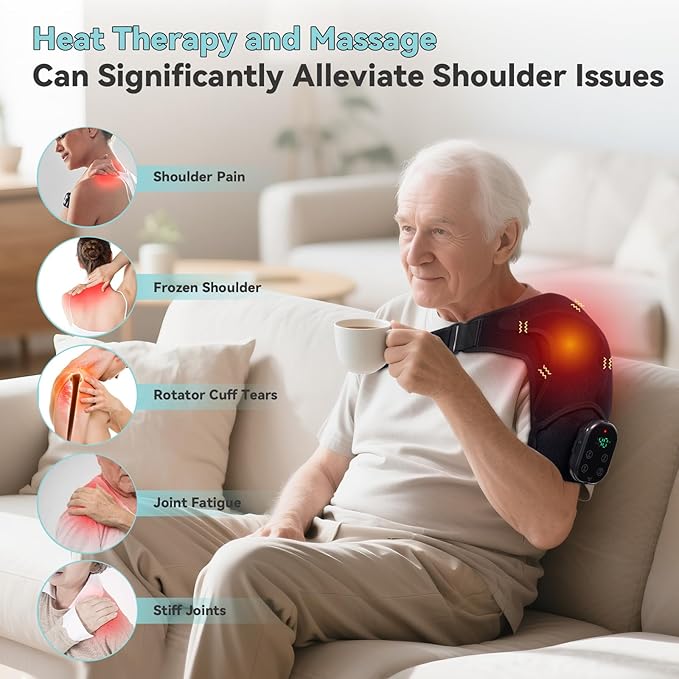 Cordless Shoulder Heating Pad with Massage, Red Light Shoulder Massager for Pain Relief, Electric Rotator Cuff Heated Shoulder Brace for Men & Women. (Black)