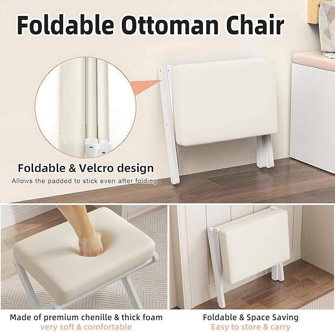 Foldable Foot Stool Ottoman, Modern Foot Rest with Bamboo X Legs & Thick Foam Cushion, Folding Foot Stools Small Padded for Bedroom Living Room, Makeup Vanity Stool Chair (White - White)