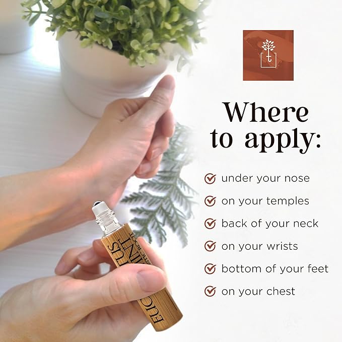 Eucalyptus Mint Essential Oil Roll On – Breathe Essential Oil Blend w/Peppermint, Spearmint, Rosemary – Aromatherapy Rollerball for Spa, Self Care, Energy – 10ml Bottles Each