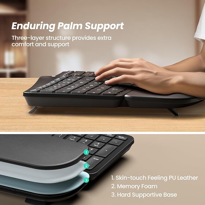 Nulea KM75 Advanced Ergonomic Wireless Keyboard and Mouse Combo, Comfortable Natural Typing, Palm Rest, Multi-Device (Bluetooth, 2.4G, Wired), Rechargeable, for Multi-OS, Windows, Mac, Android(Black)