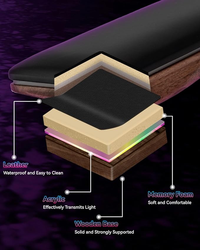 Keyboard Wrist Rest with Leather Covered Memory Foam on Wood Base Ergonomic Non-Slip Comfortable and Durable Perfect Match for Mechanical Keyboards (RGB)