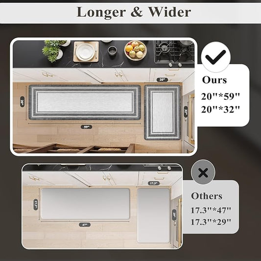 KIMODE Anti Fatigue Kitchen Mat Cushioned, Farmhouse Kitchen Rugs Sets of 2, Non Slip Memory Foam Kitchen Mat for Floor, Standing Desk Mat for Laundry Office Sink 20"x59"+20"x32" Grey