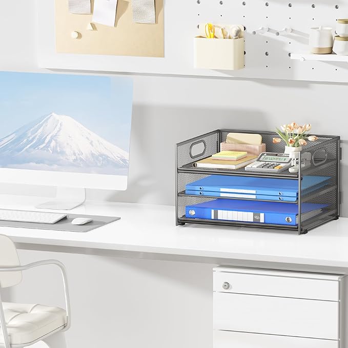 Subekyu 3 Tier Paper Letter Tray Organizer for Desk, Gray Metal Mesh Desk File Folder Sorter Organizer with Handle and Sliding Tray for Home, Office, School Supplies Organization Storage