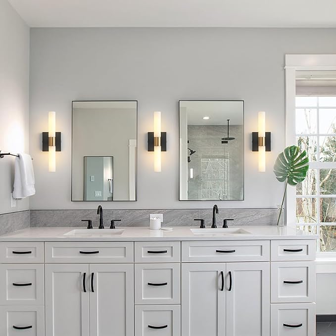 Wall Sconces Set of Two Black and Brass Gold Wall Lights with White Frosted Glass Shade Modern Wall Lamp for Bathroom Living Room Indoor Vanity Up and Down Sconces Wall Lighting for Hallway