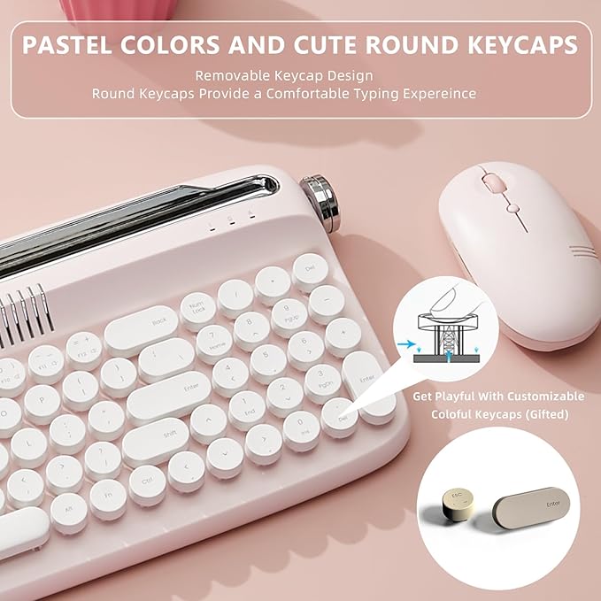 YUNZII Upgraded Wireless Typewriter Keyboard,with Retro Integrated Stand,USB-C/Bluetooth,Cute Round Keycaps, USB-C/Bluetooth Connection for Table, Phone, PC and Win/Mac/Android (B309, Baby Pink)